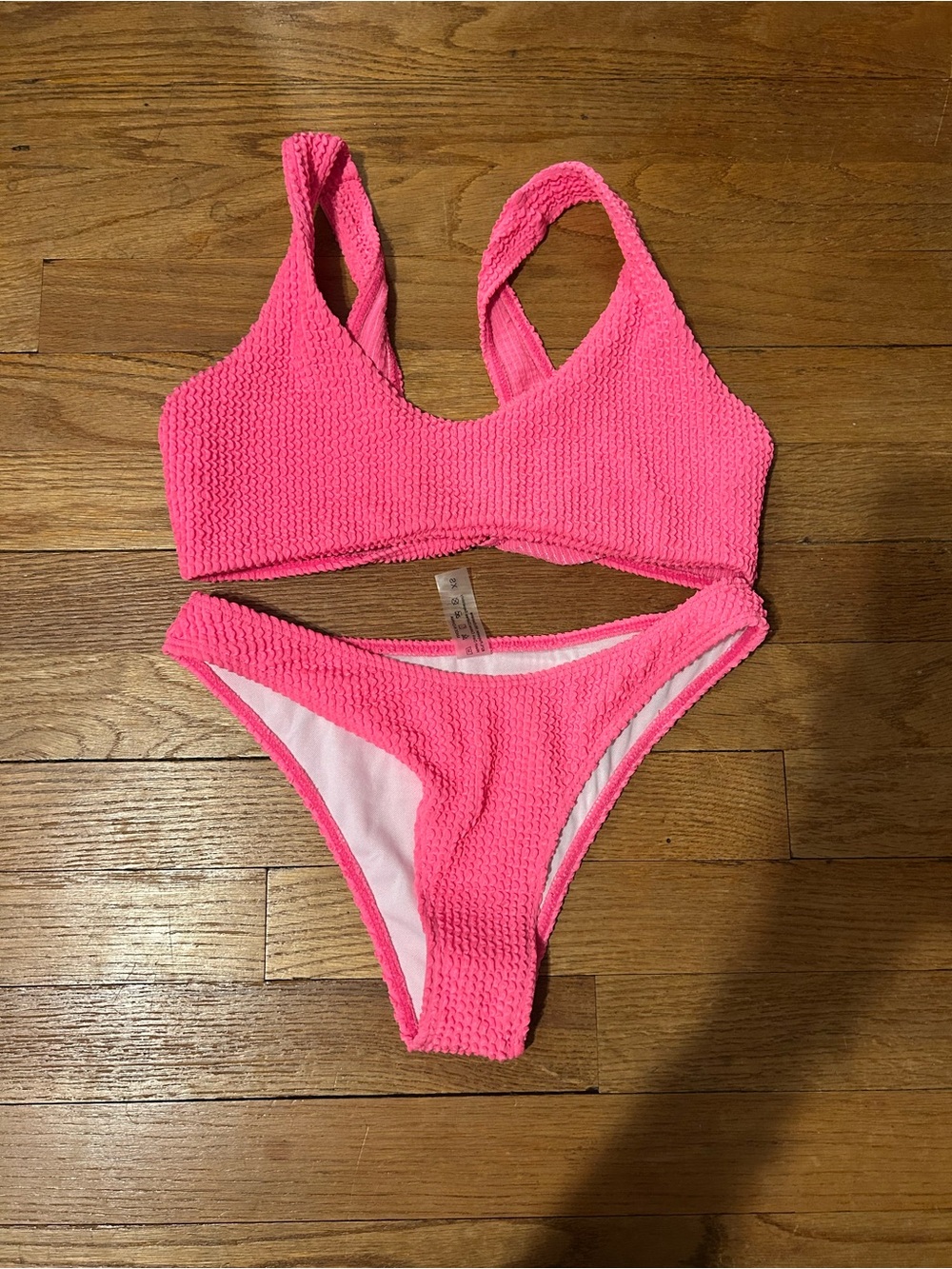 Boohoo Neon Pink Textured Bikini Set